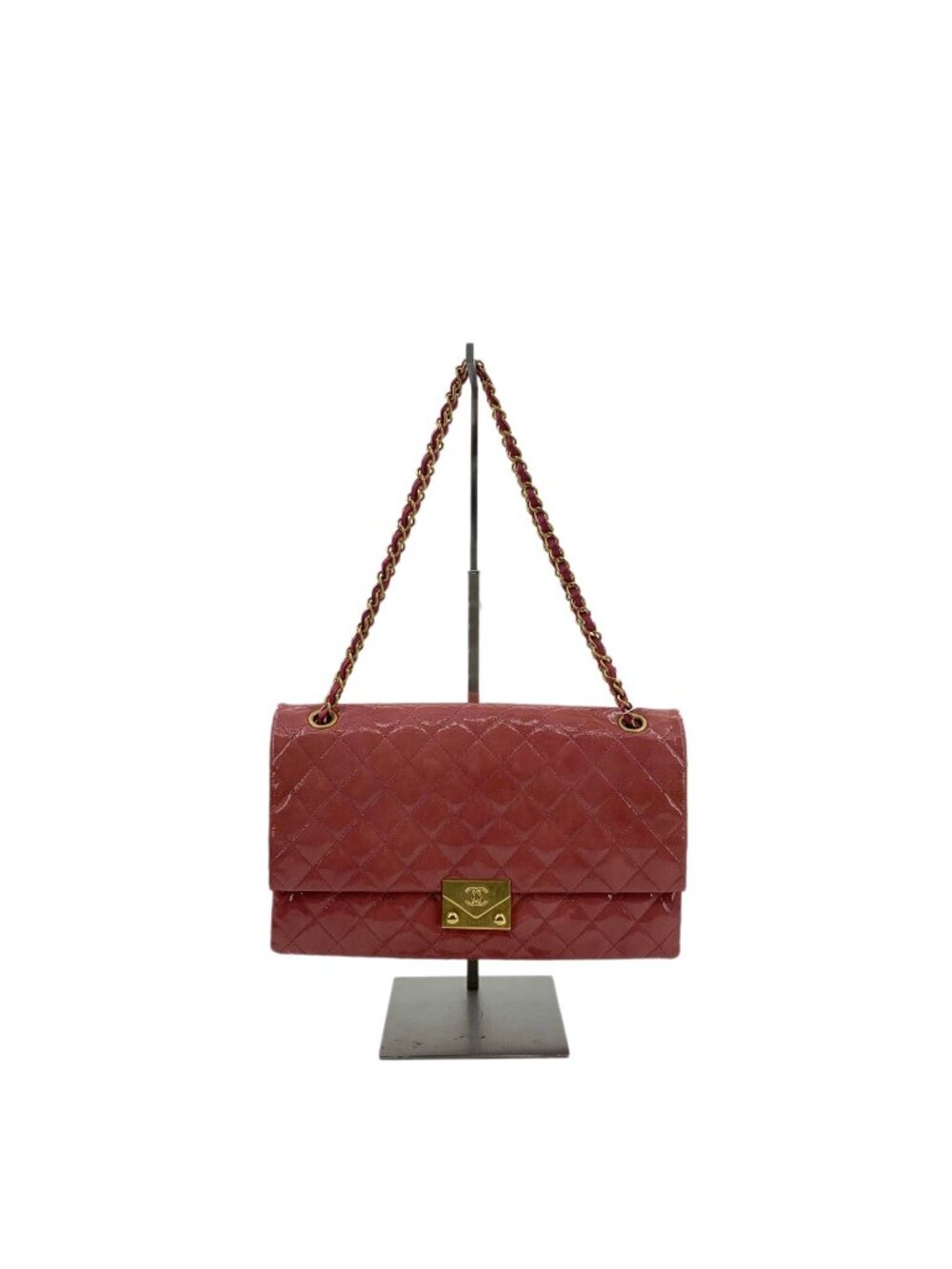 Chanel CF Pink Patent Leather Quilted Gold-Tone Chain Accordion Shoulder Bag
